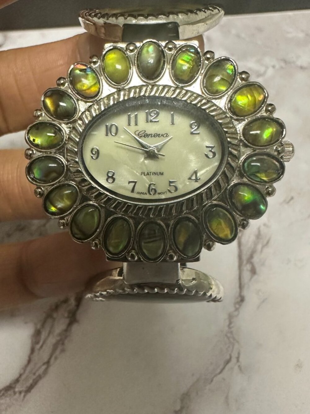 Geneva Abalone Watch Women Silver Tone Green Oval Dial Cuff Band New Battery